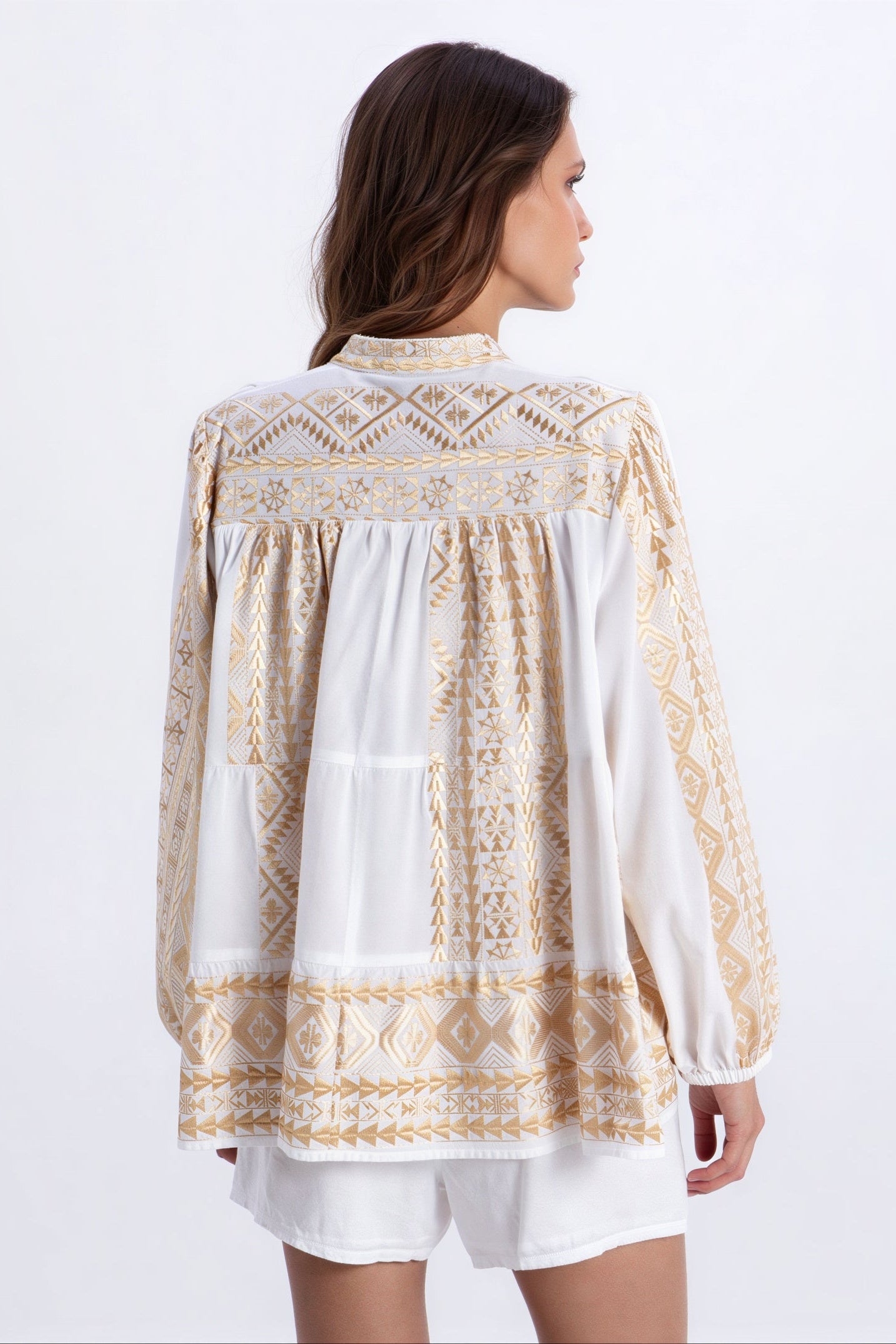 Back View of greek archaic kori Triangle Ruffle Shirt