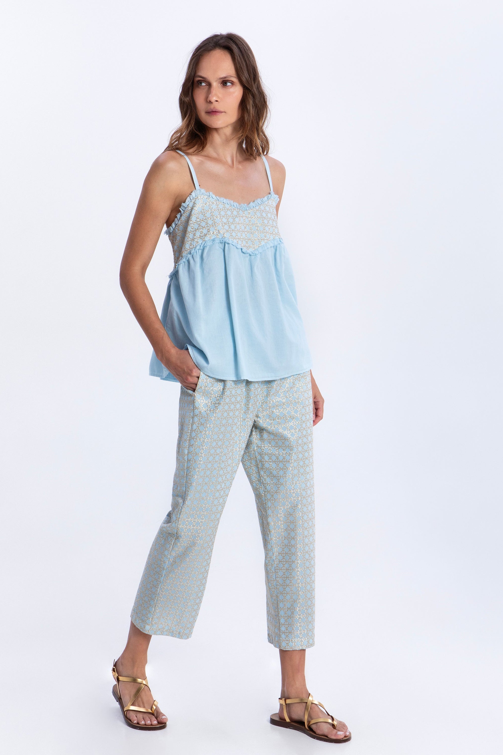 Greek Archaic Kori embroidered ruffle top