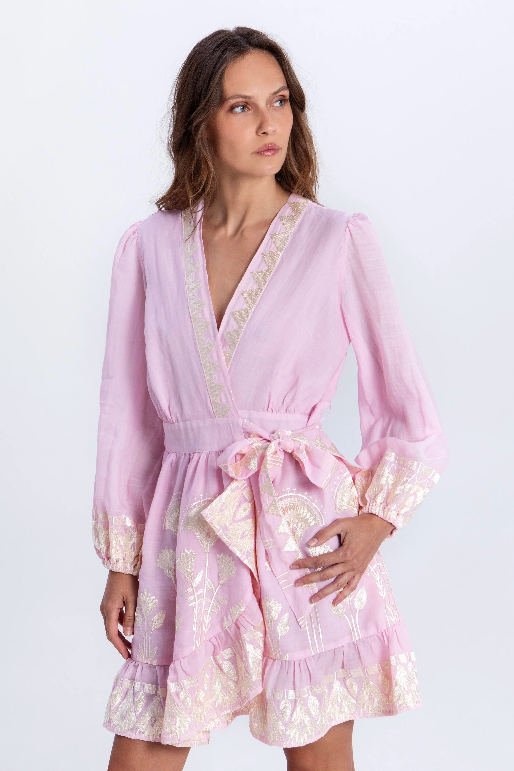 Pink embroidered wrap mini dress by Greek Archaic Kori
