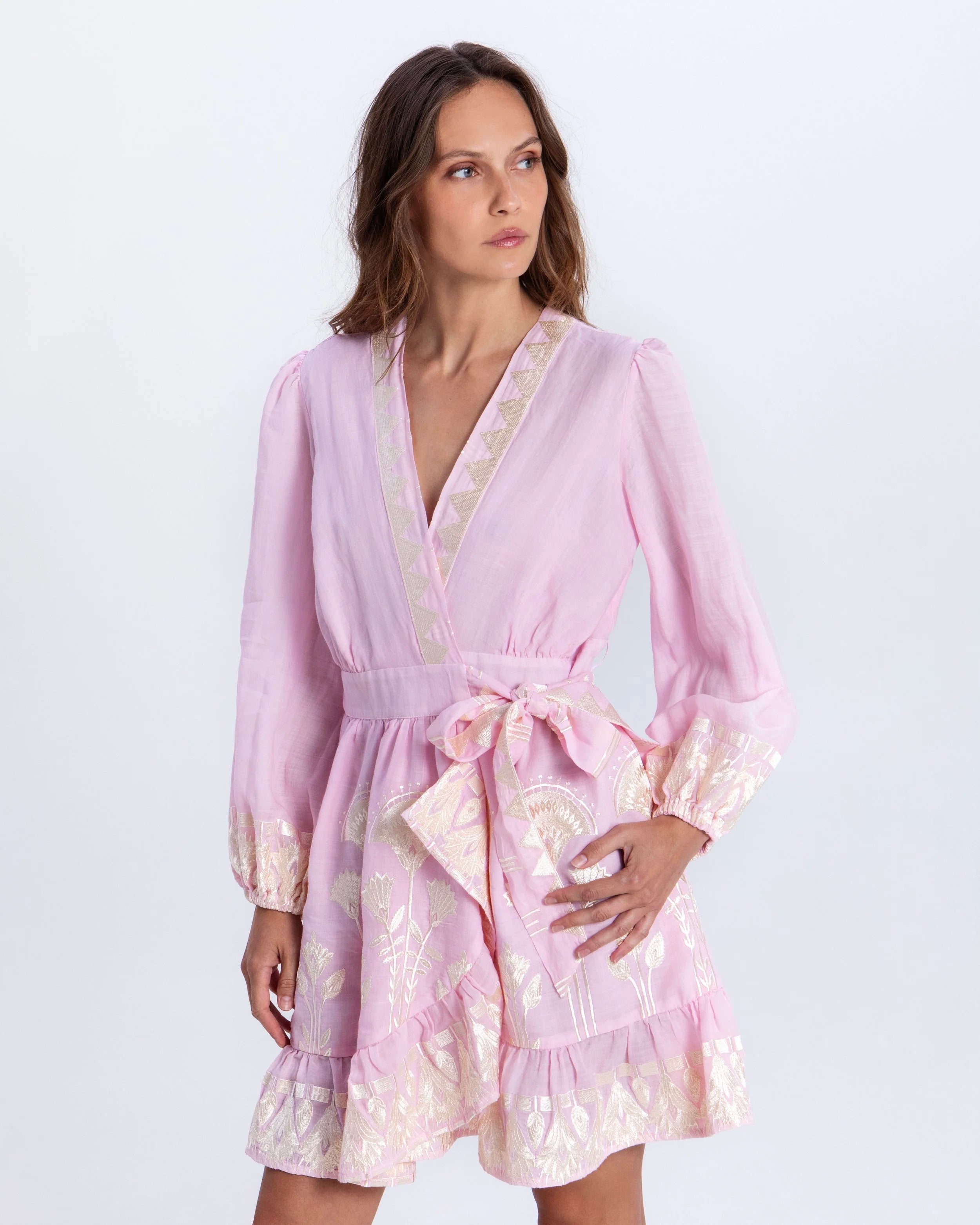 Pink embroidered wrap mini dress by Greek Archaic Kori