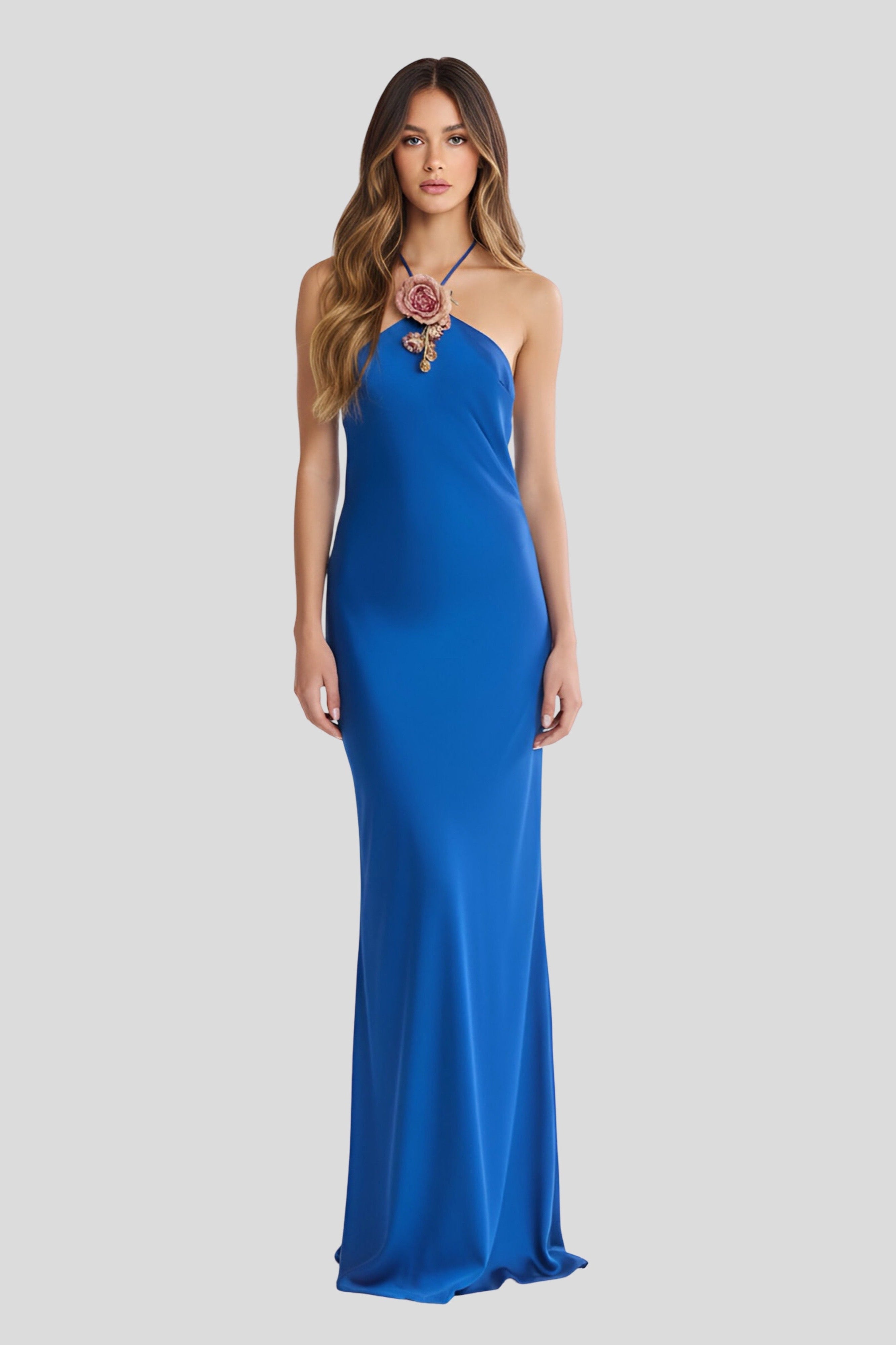 Halter Bias Slip Dress in Cobalt