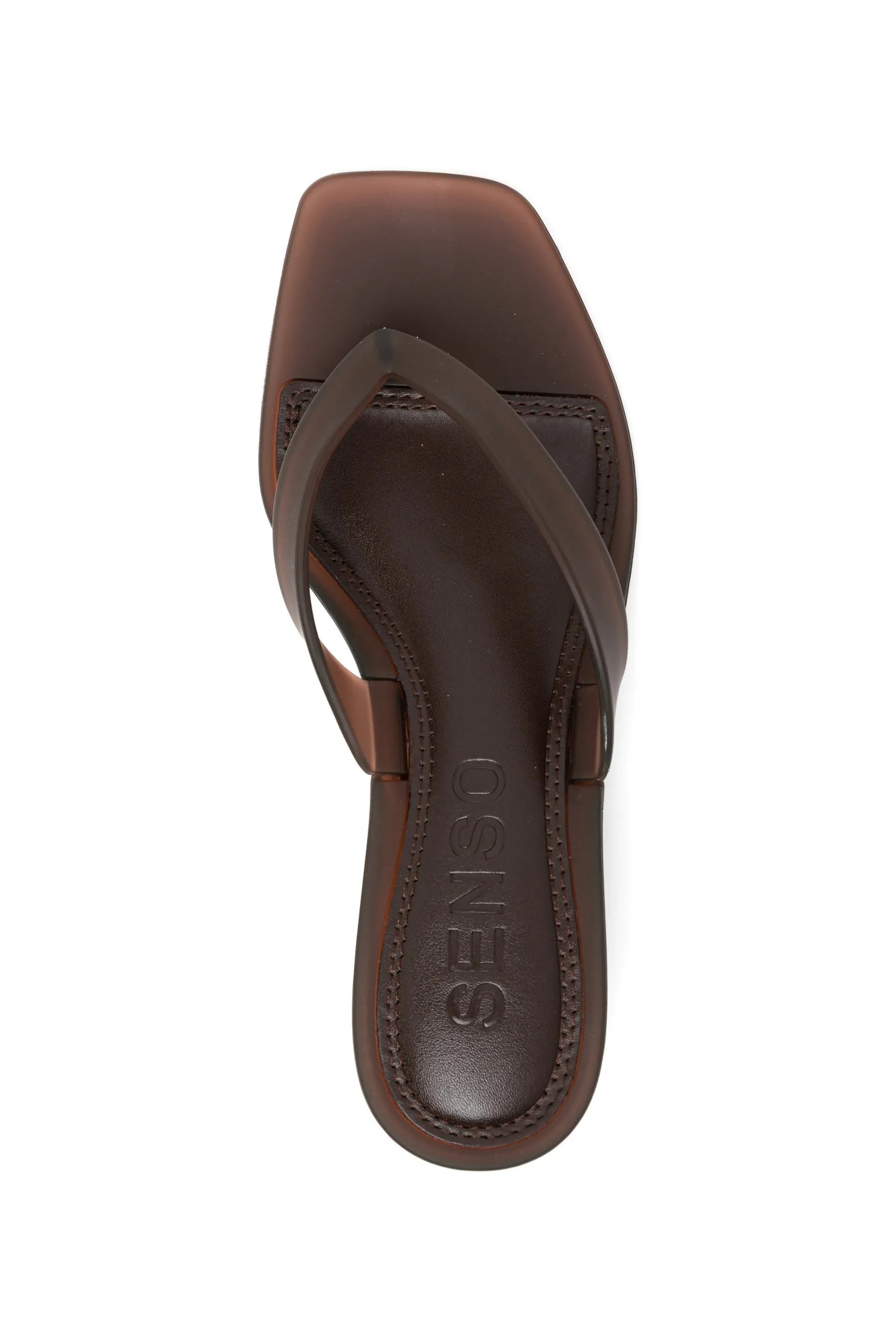 Senso Sonya chocolate brown flip flops with rounded square toe and branded footbed top view