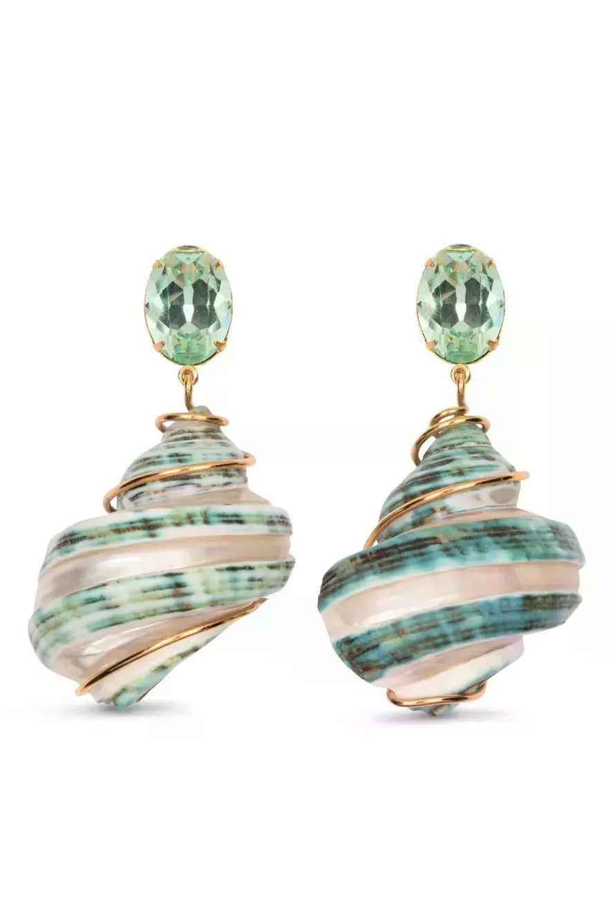 Jennifer Behr Wave Earrings featuring natural green spiral shell pendants with sparkling green crystal studs.