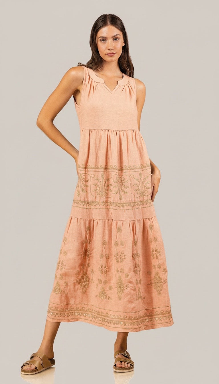 Lyra Embroidered Dress in Salmon