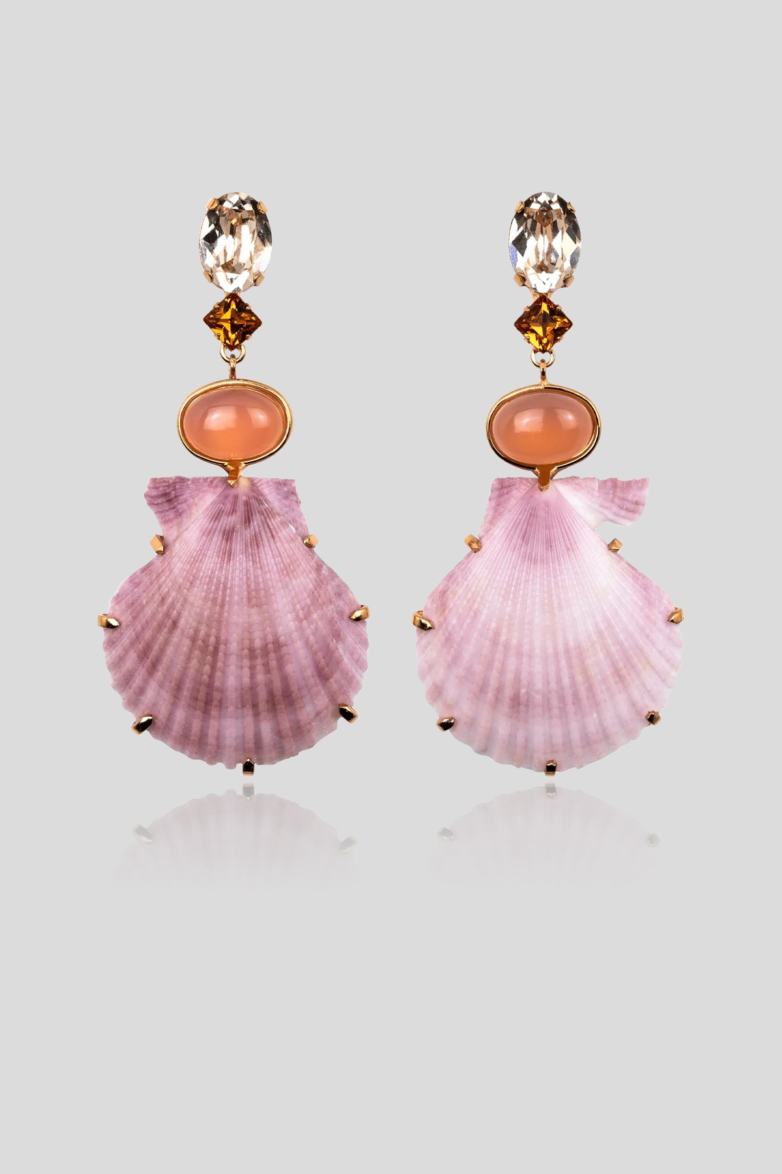 Jennifer Behr Adrielle Earrings featuring natural ombré purple scallop shells with Austrian crystals and pink chalcedony.