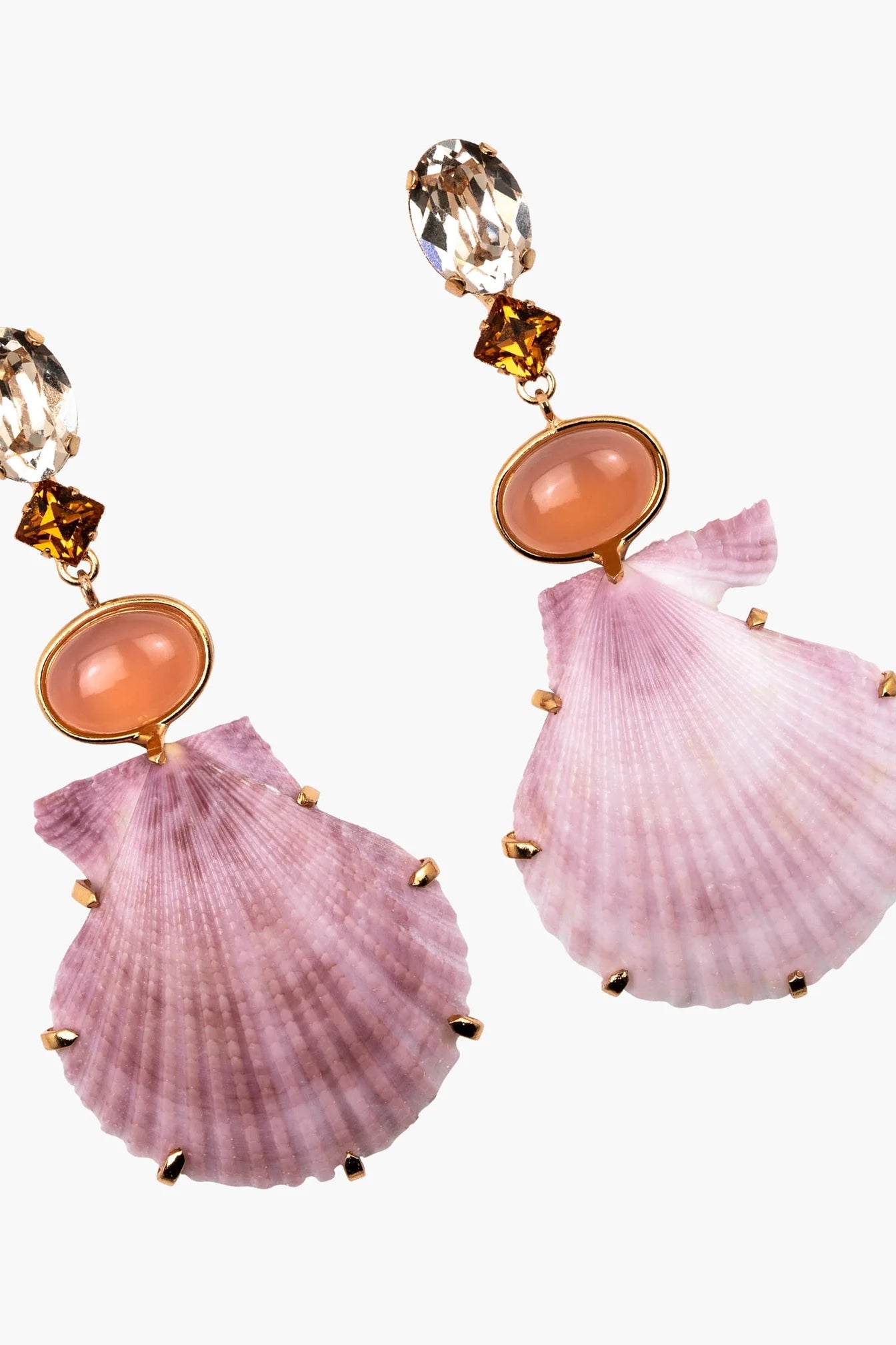 Close-up of Jennifer Behr Adrielle Earrings showcasing natural ombré scallop shells, Austrian crystals, and pink chalcedony.