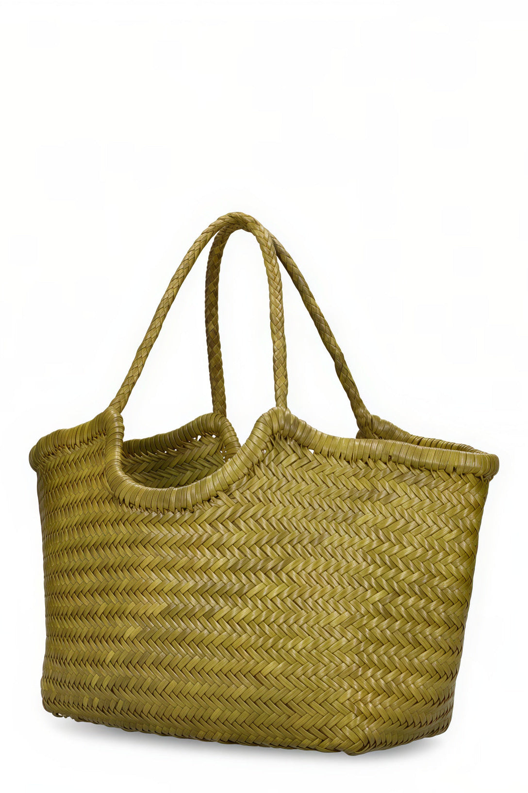 Angled view of the bamboo-green handwoven leather tote.
