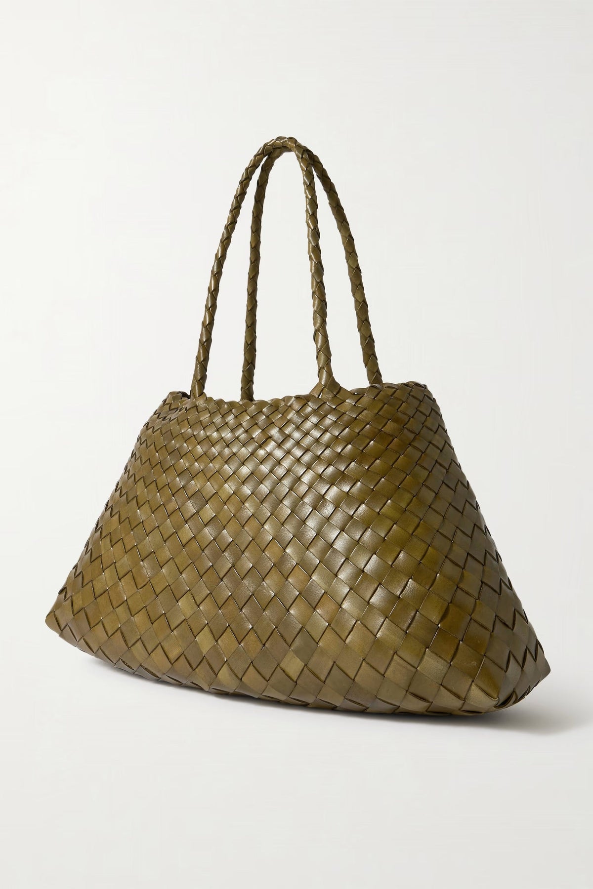 Angled view of the khaki Santa Croce Large Tote and its braided handles.