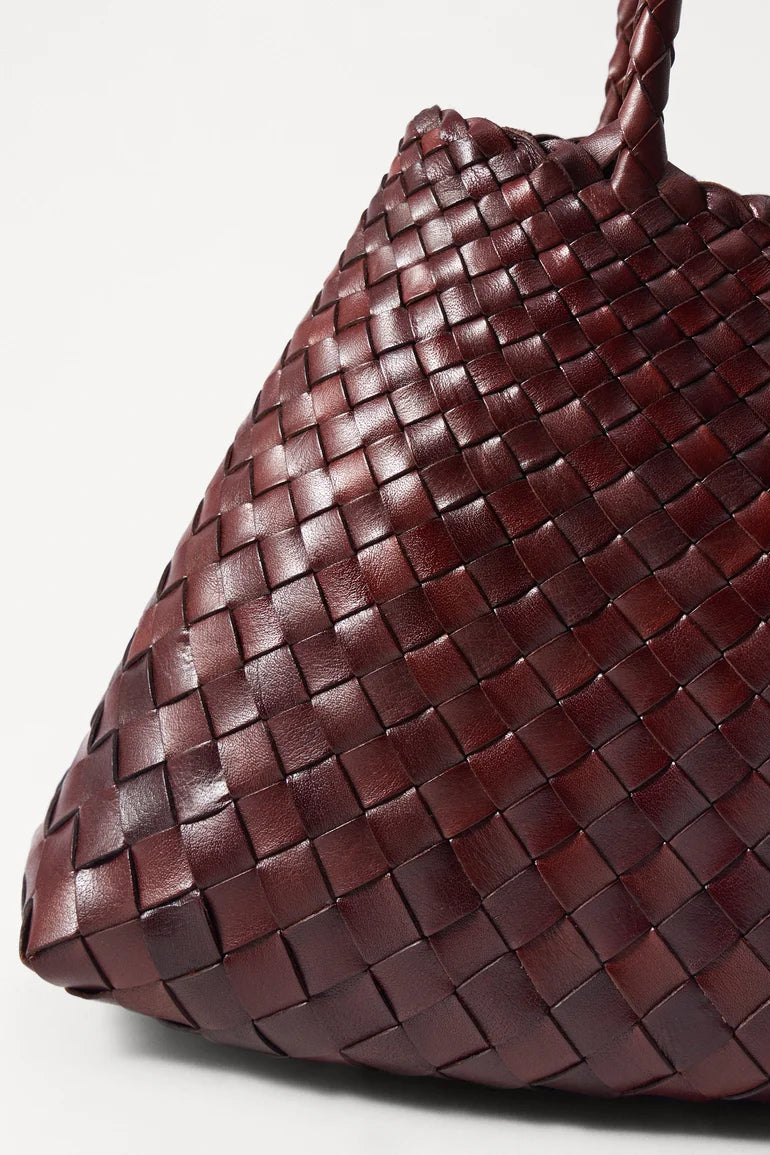 Close-up of the vegetable-dyed buffalo leather weave.