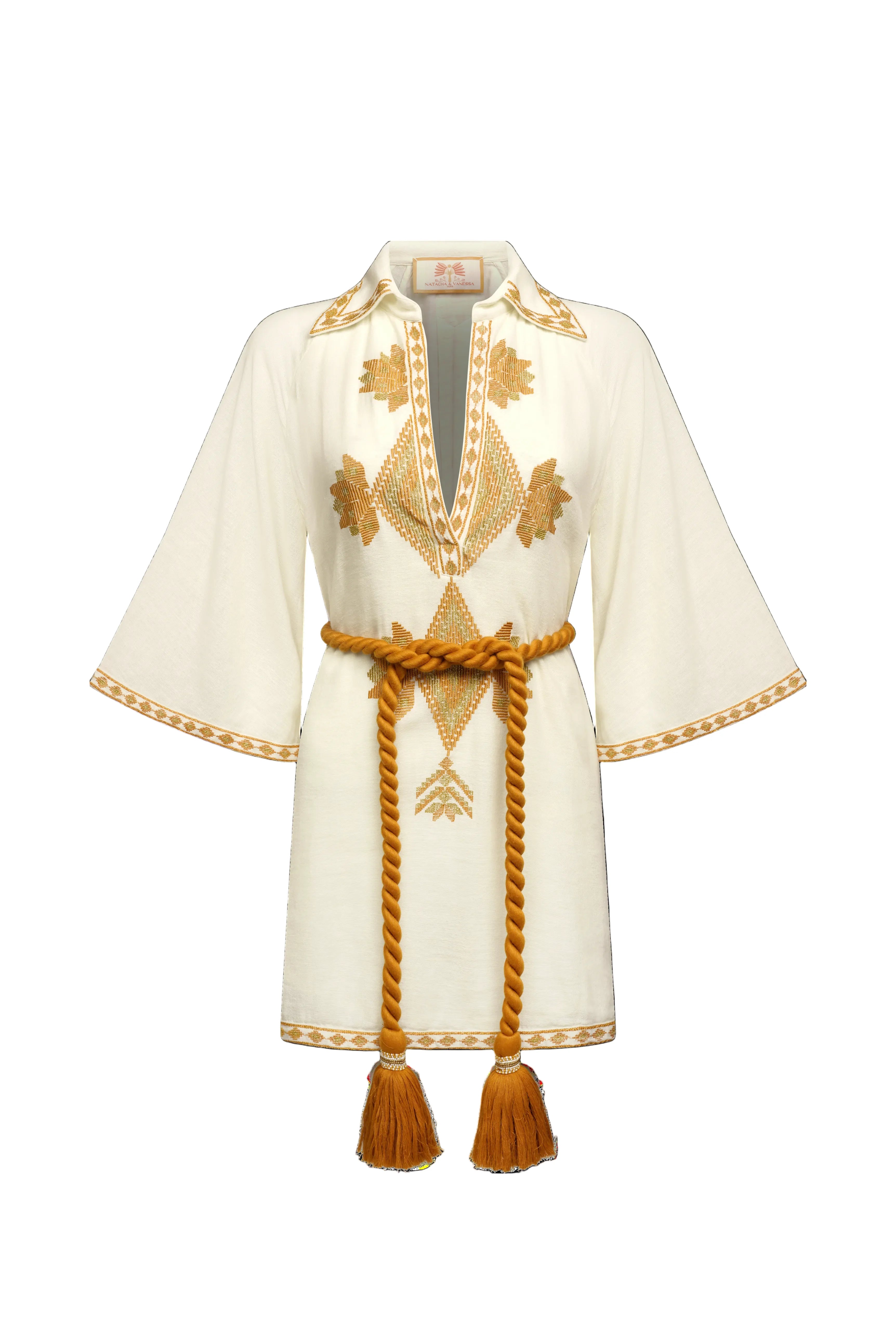 Natacha & Vanessa Dalia Mini Dress in ecru featuring ochre and gold geometric embroidery, a V-neckline, 3/4 sleeves, and a detachable twisted rope belt.