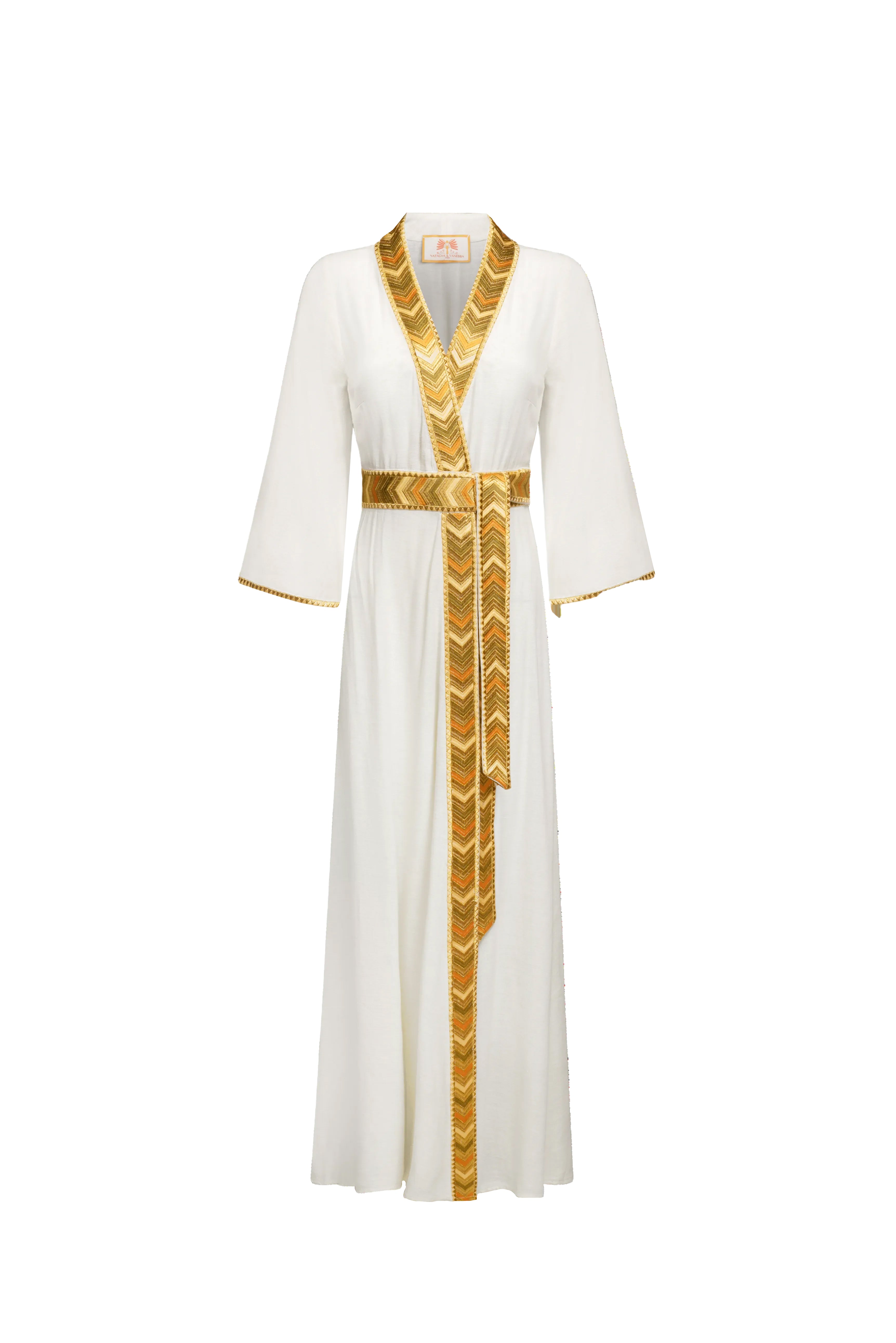 Natacha & Vanessa Livia Maxi Dress in ecru featuring a deep V-neckline, ochre and gold gradient trim, long sleeves, and an integrated waist tie.