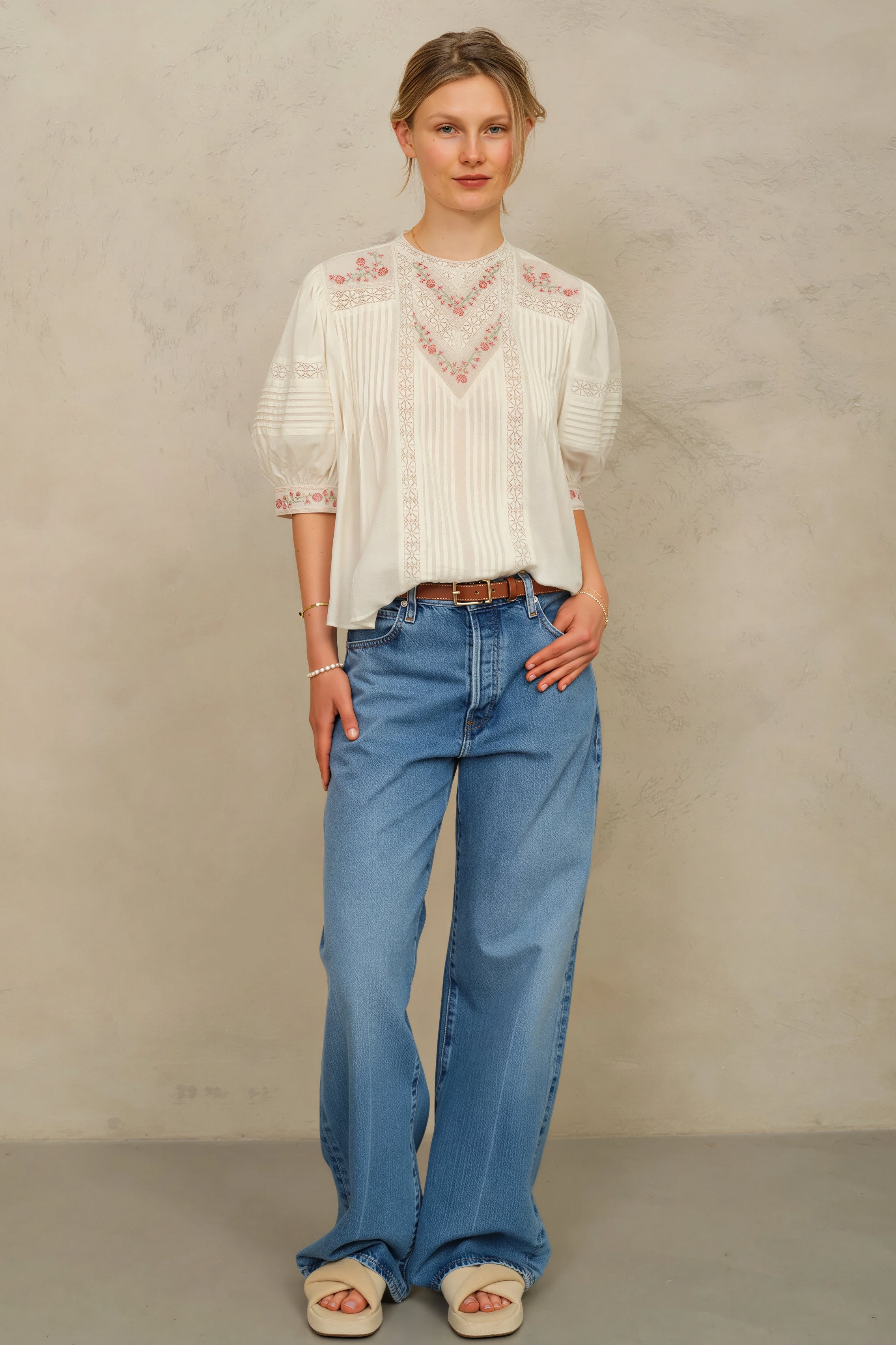 M.A.B.E Fleur white embroidered blouse styled with denim