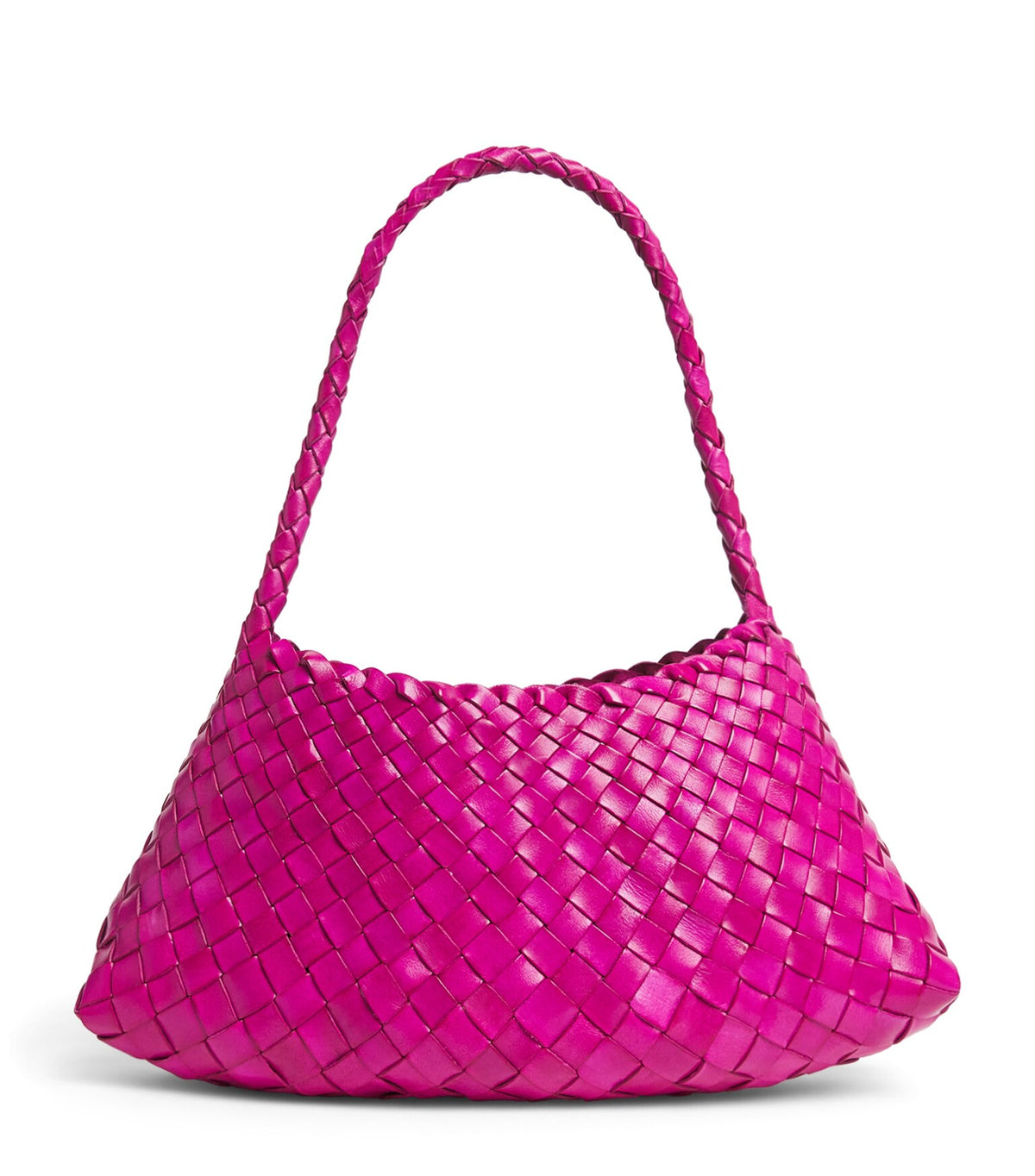 Front view of the fuchsia Rosalia Shoulder Bag with a braided strap.
