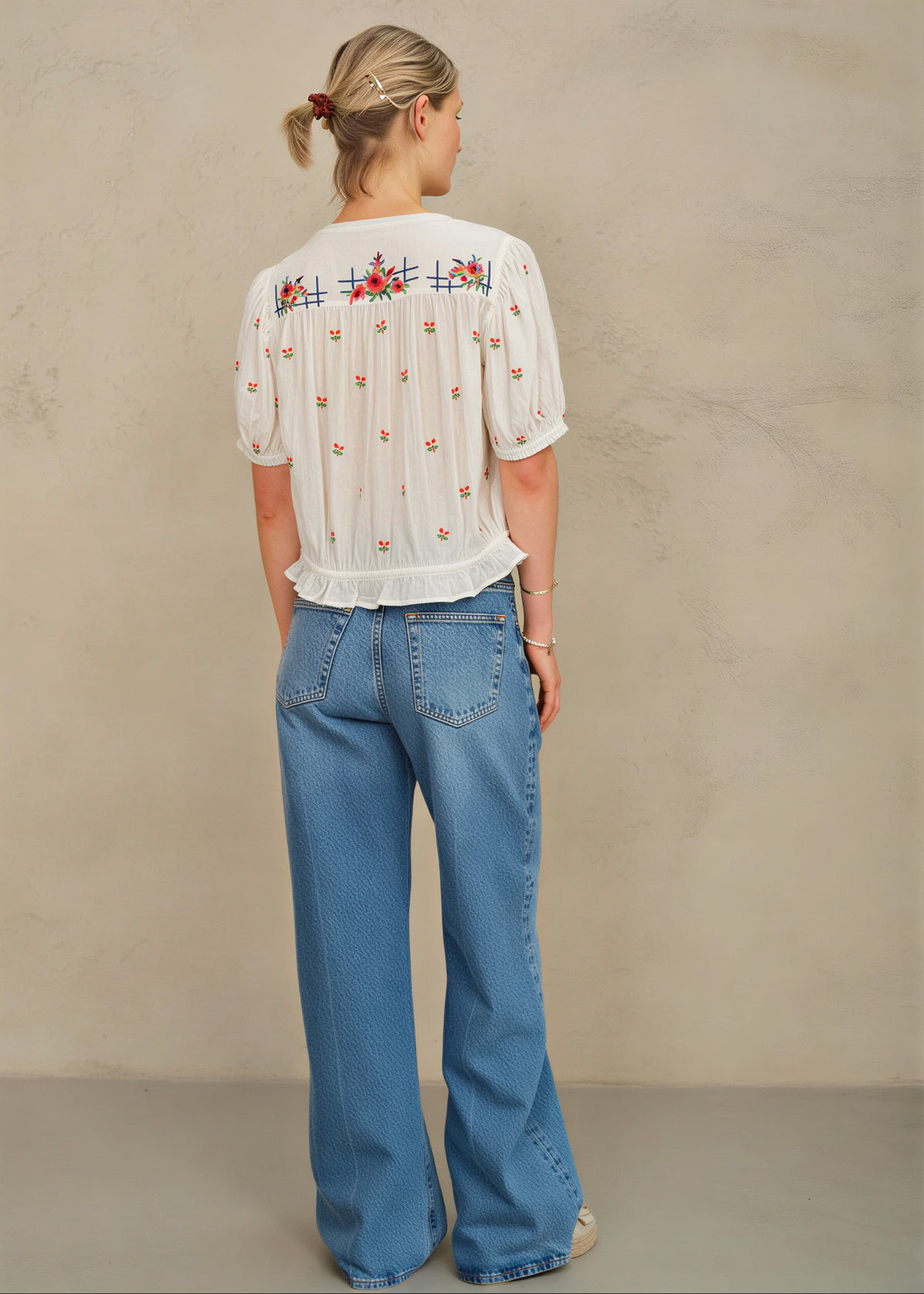 Back view of M.A.B.E Harlie embroidered white cotton top