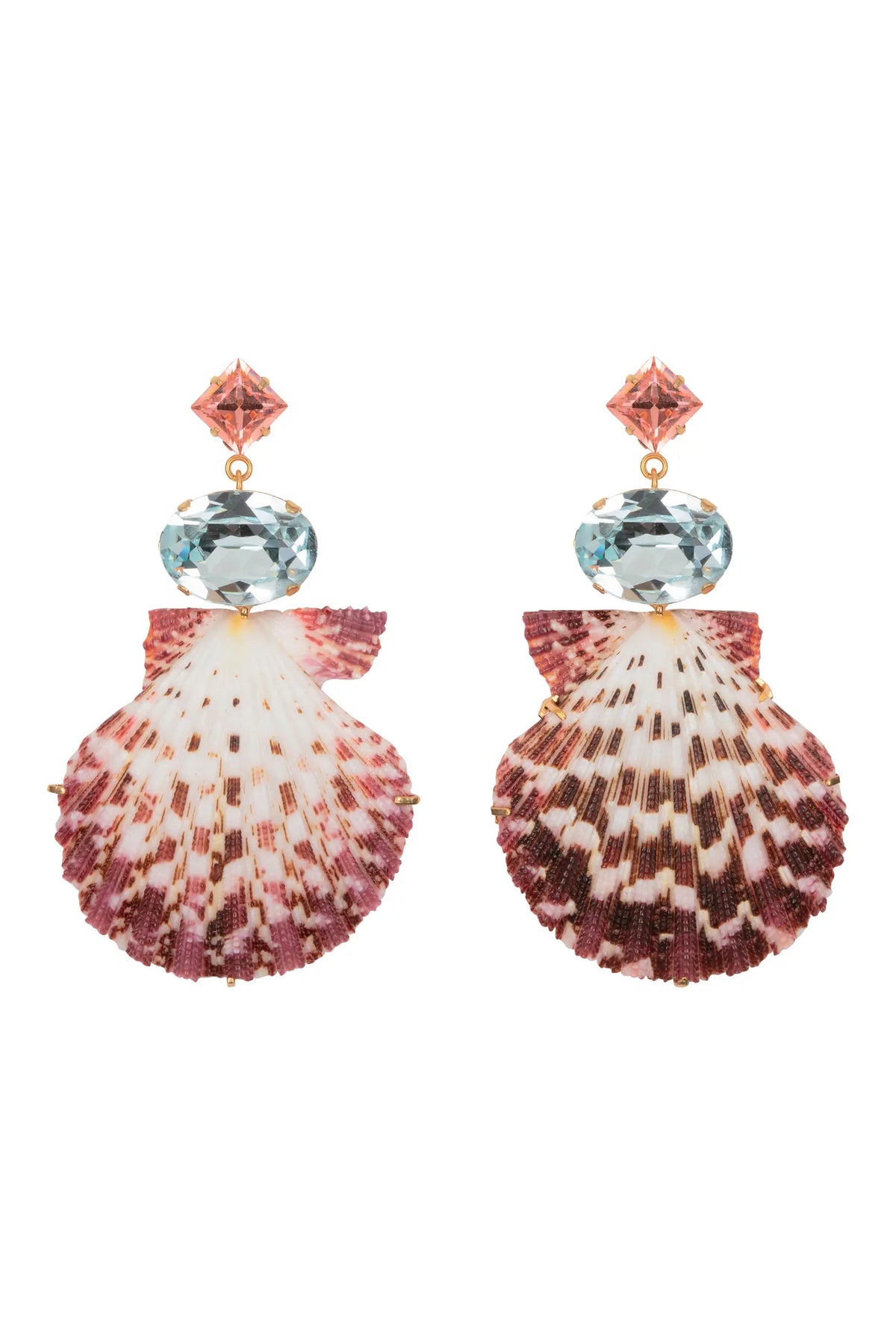Jennifer Behr Aegean Shell Drop Earrings with faceted pink and aqua crystals and statement shell drops on a white background.