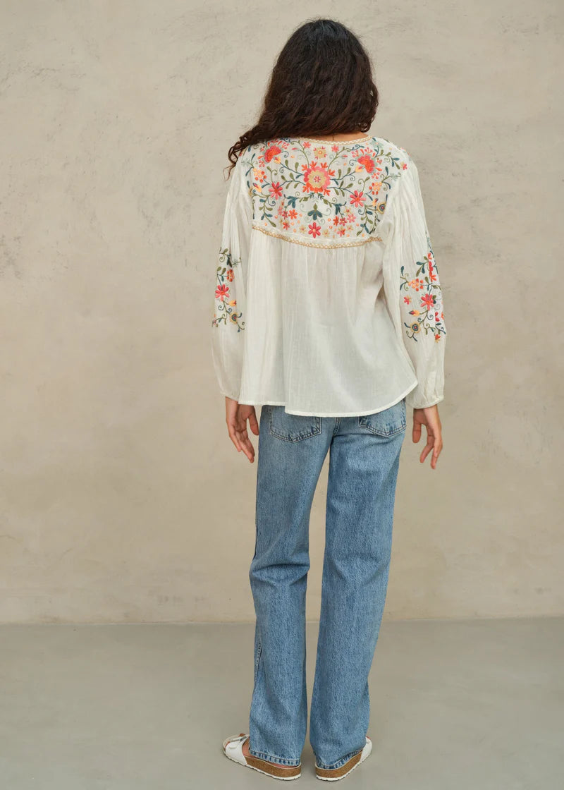 Back view of M.A.B.E Loren embroidered cotton top