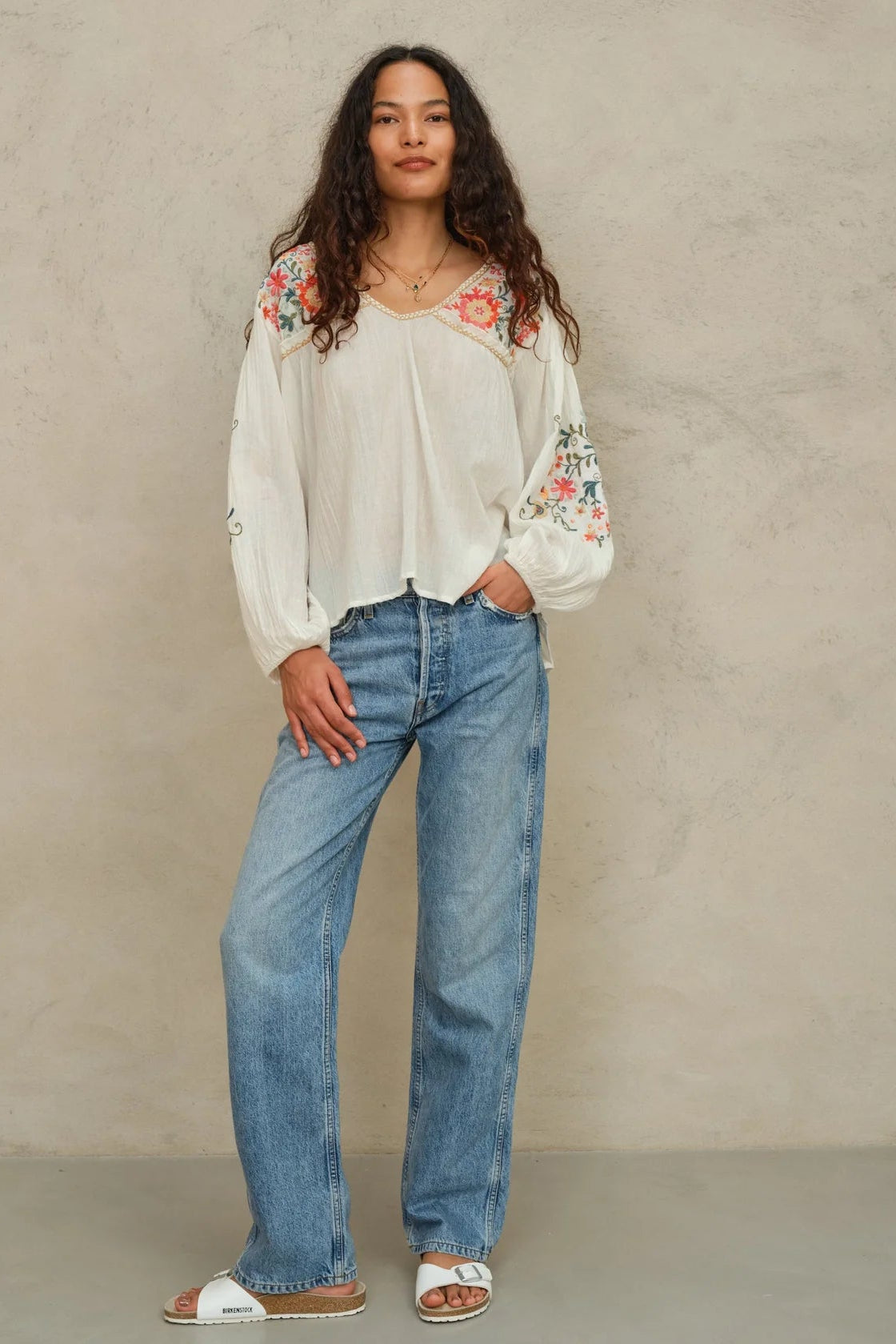 M.A.B.E Loren embroidered cotton blouse styled with denim