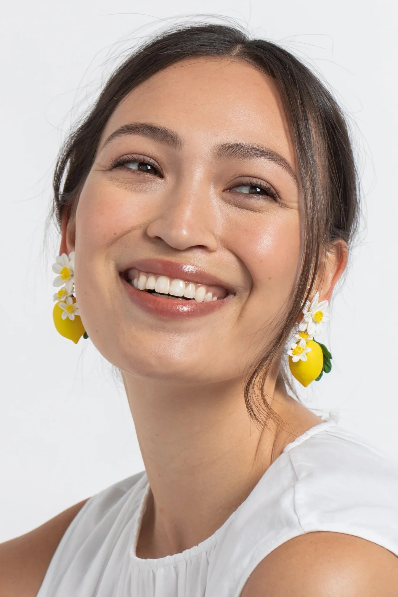 Front view of Jennifer Behr Limoncello Earrings with handcrafted lemon drops, floral details, and gold-plated accents.