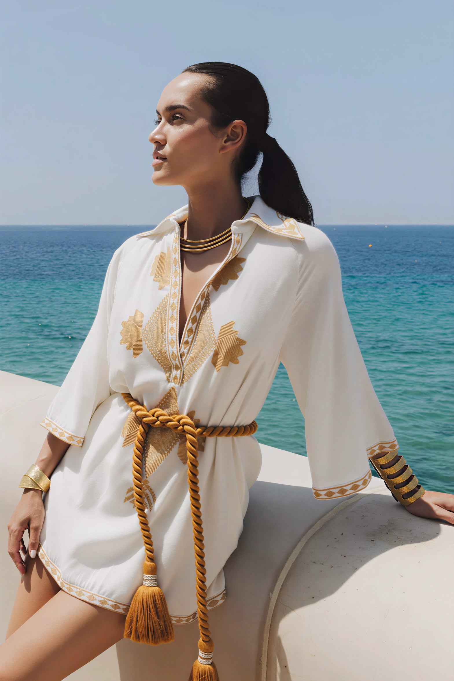 Model wearing the Natacha & Vanessa Dalia Mini Dress in ecru with ochre and gold embroidery, a twisted rope belt, and 3/4 sleeves by the seaside.