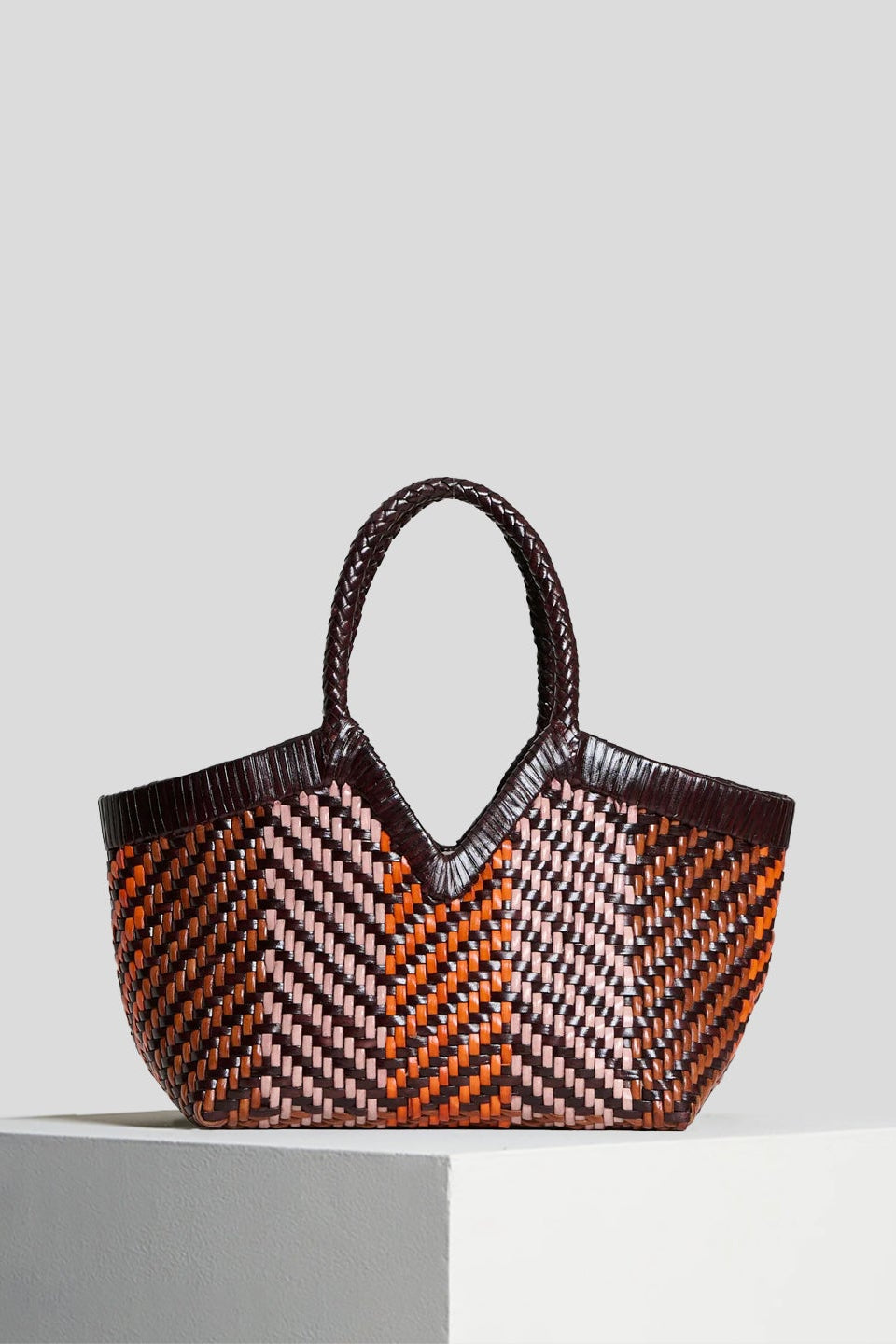 Vipera The Label Monet Waffle Chocolate handwoven leather tote bag front view