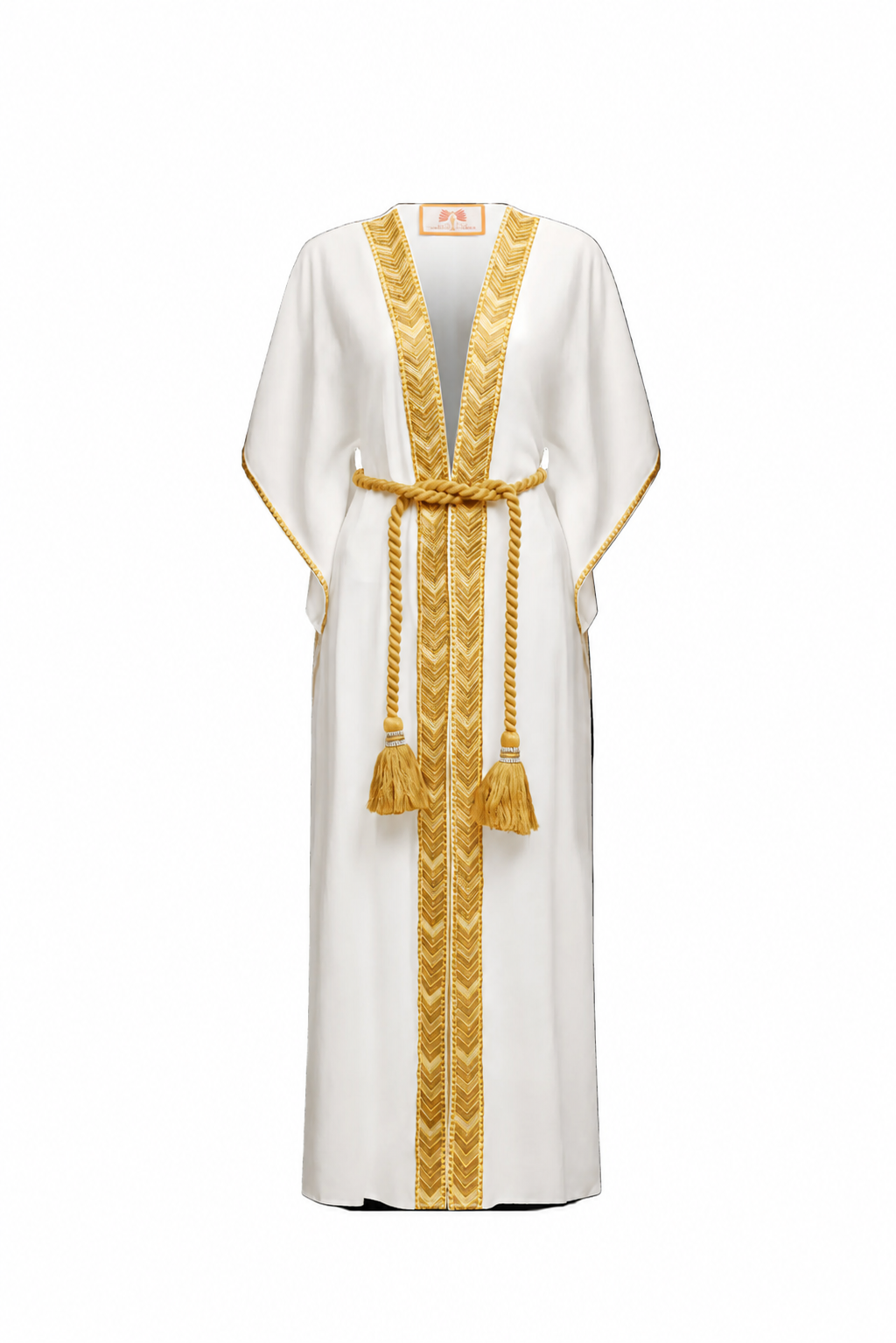 Natacha & Vanessa Ocean Dress in white featuring a deep V-neckline, gold embroidered trim, wide kimono sleeves, and a detachable braided rope belt.