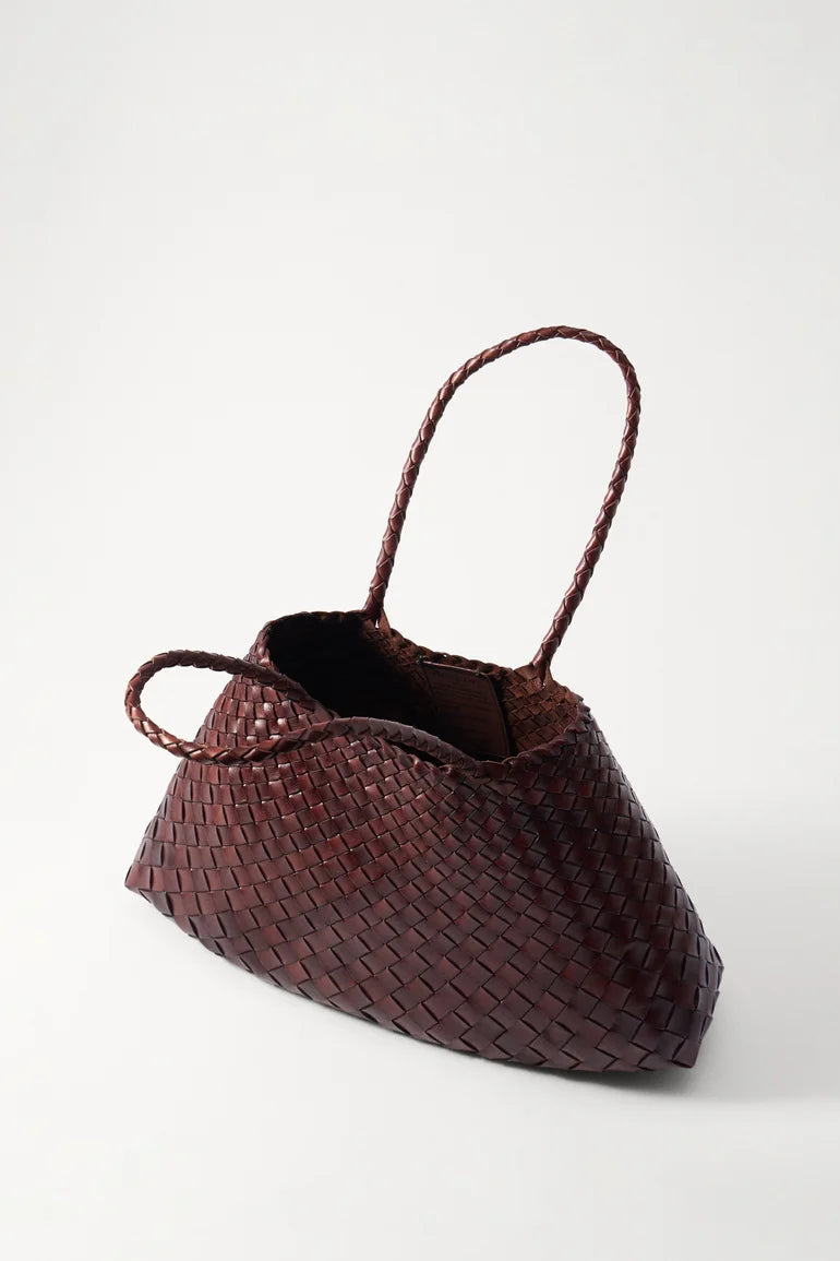 Open-top view of the Dragon Diffusion Santa Croce Large Tote in bruciato brown.