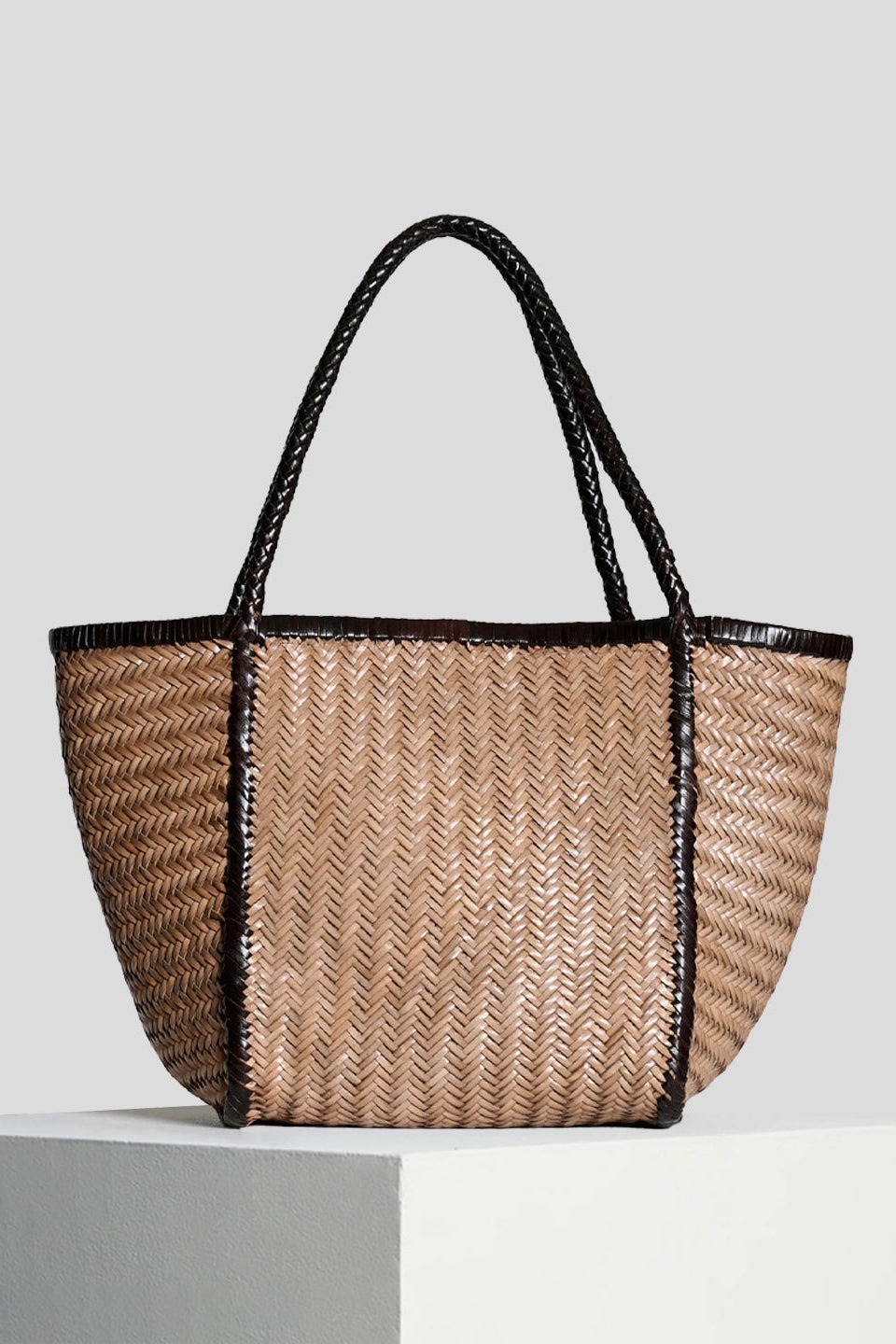 Vipera The Label Rubens Bicolor Taupe-Chocolate handwoven leather tote bag front view