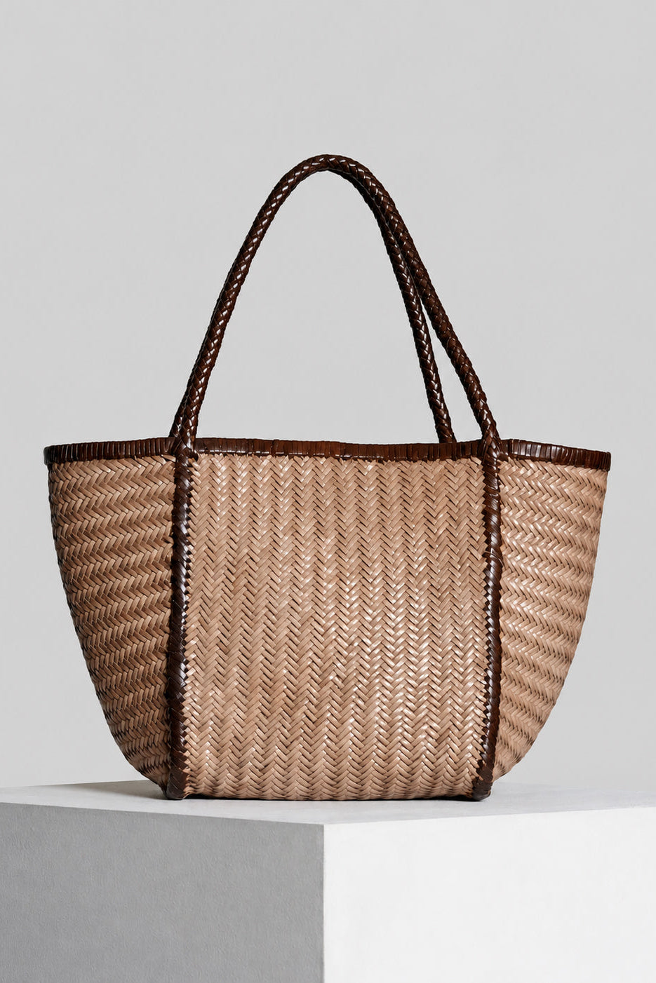 Vipera The Label Rubens Bicolor Taupe-Chocolate handwoven leather tote bag front view