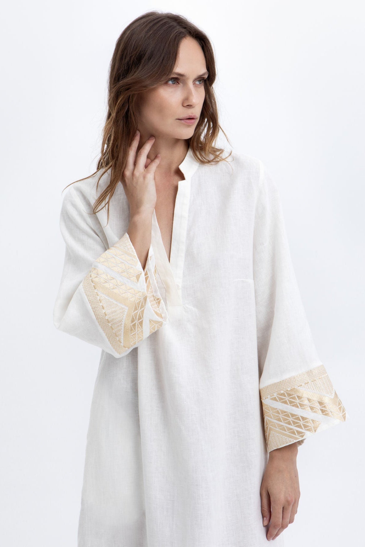 Greek Archaic Kori Gold Embroidered Pyramids Dress