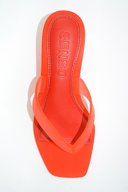 Senso Sonya cherry flip flops with square open toe and branded footbed top view