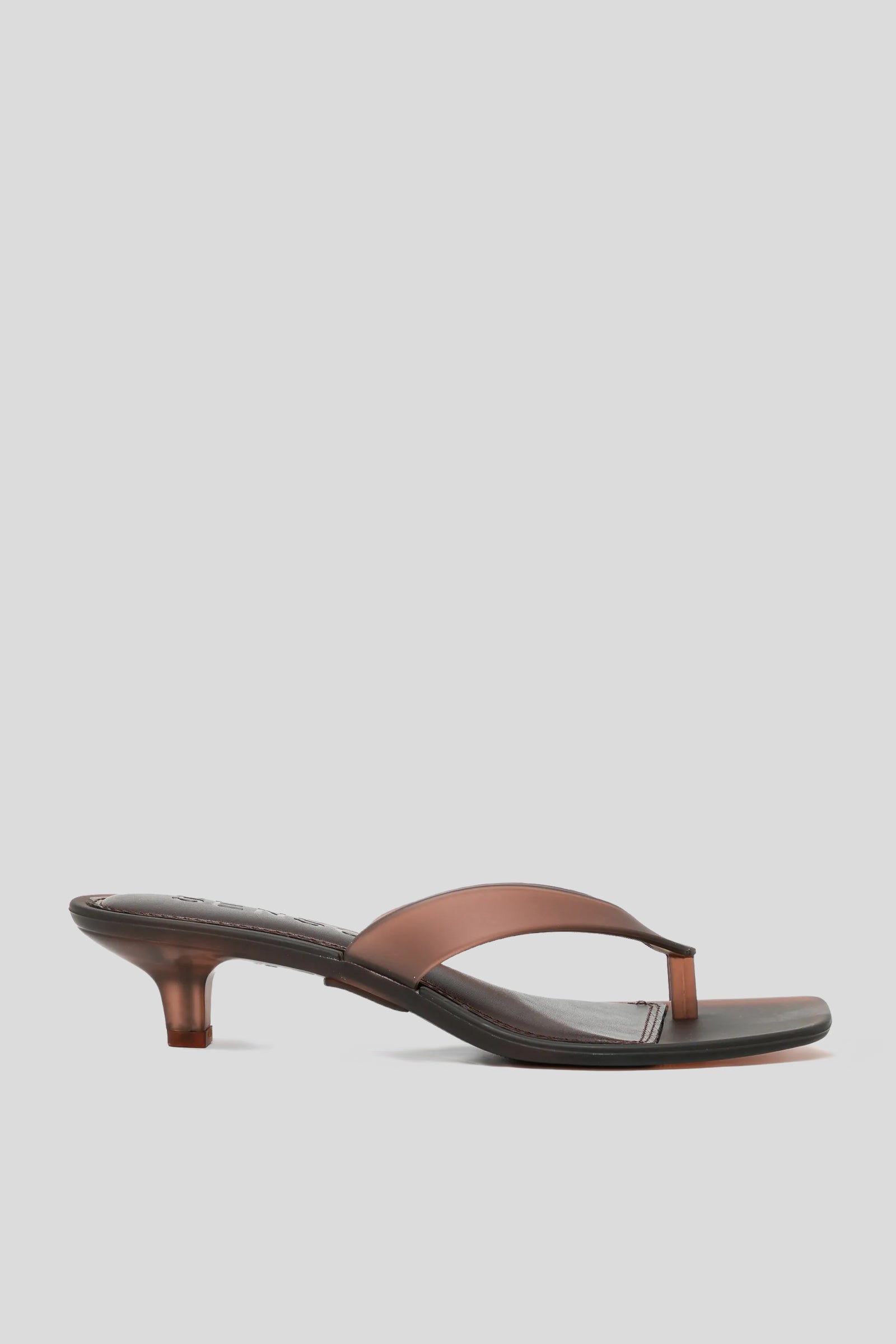 Senso Sonya chocolate brown flip flops with square open toe and sculpted translucent heel side view