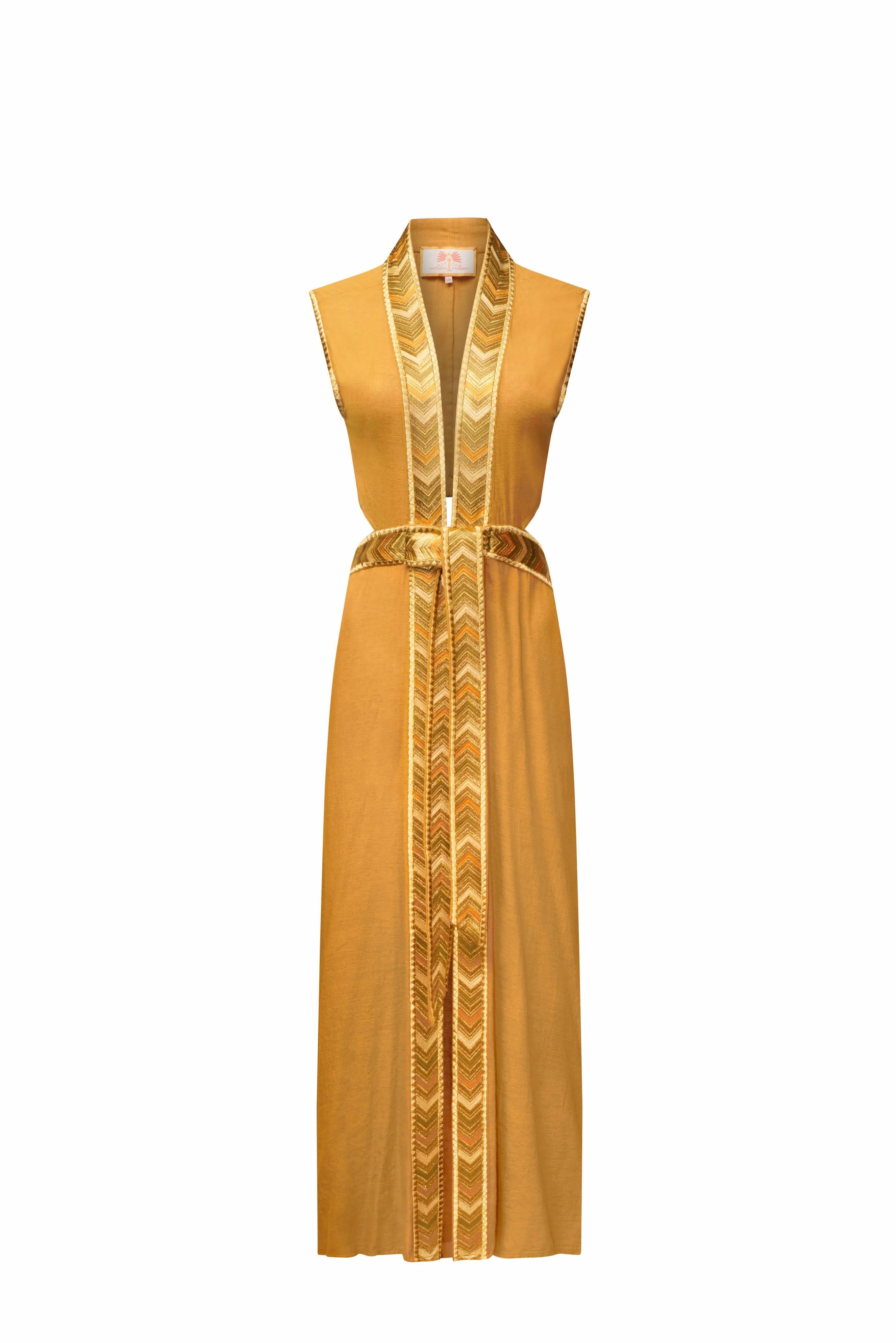 Natacha & Vanessa Thalie Dress in saffron with a deep V-neck, woven gold trim, and detachable braided rope belt.