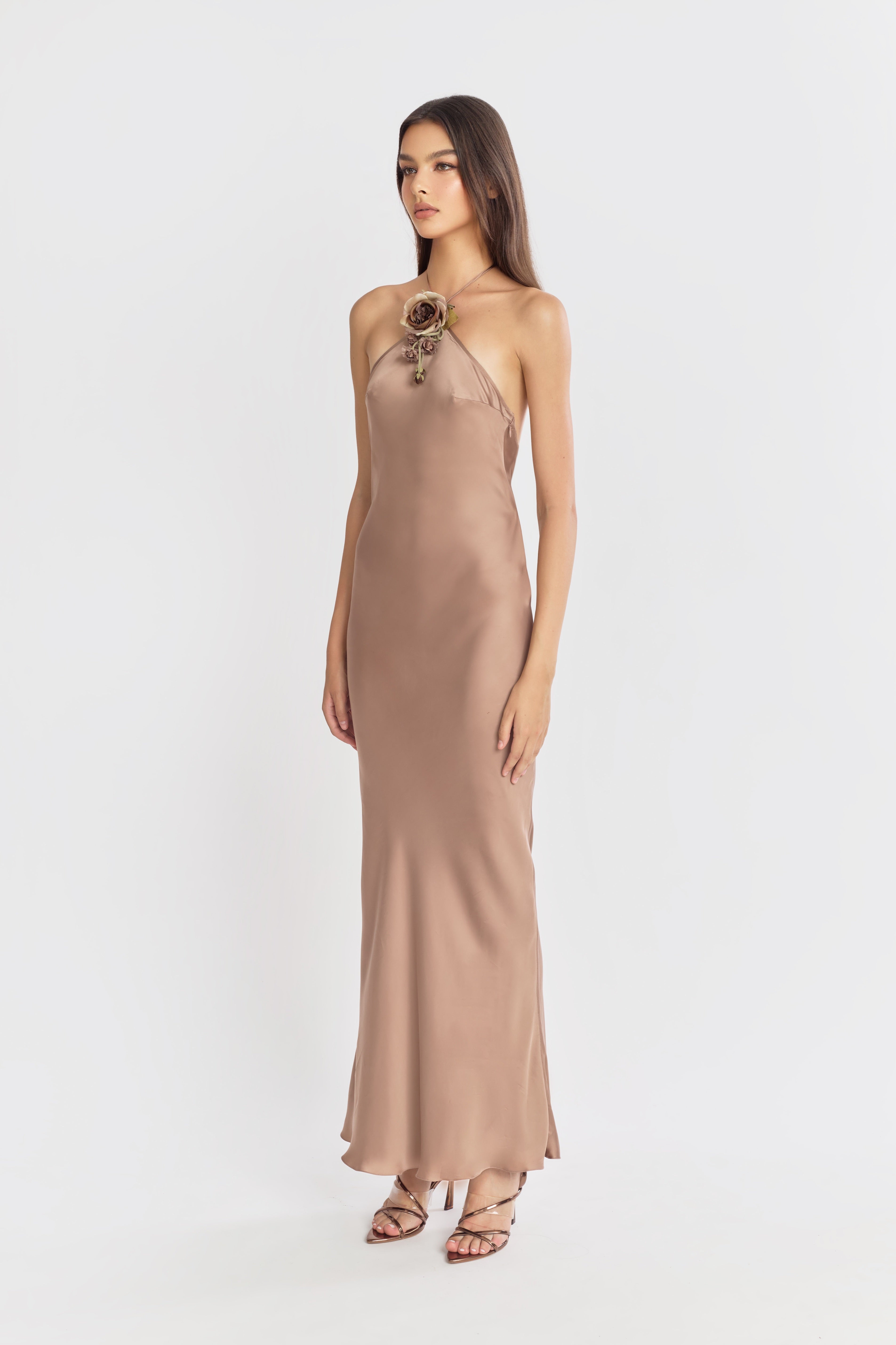 Halter Bias Slip Dress in Mocha