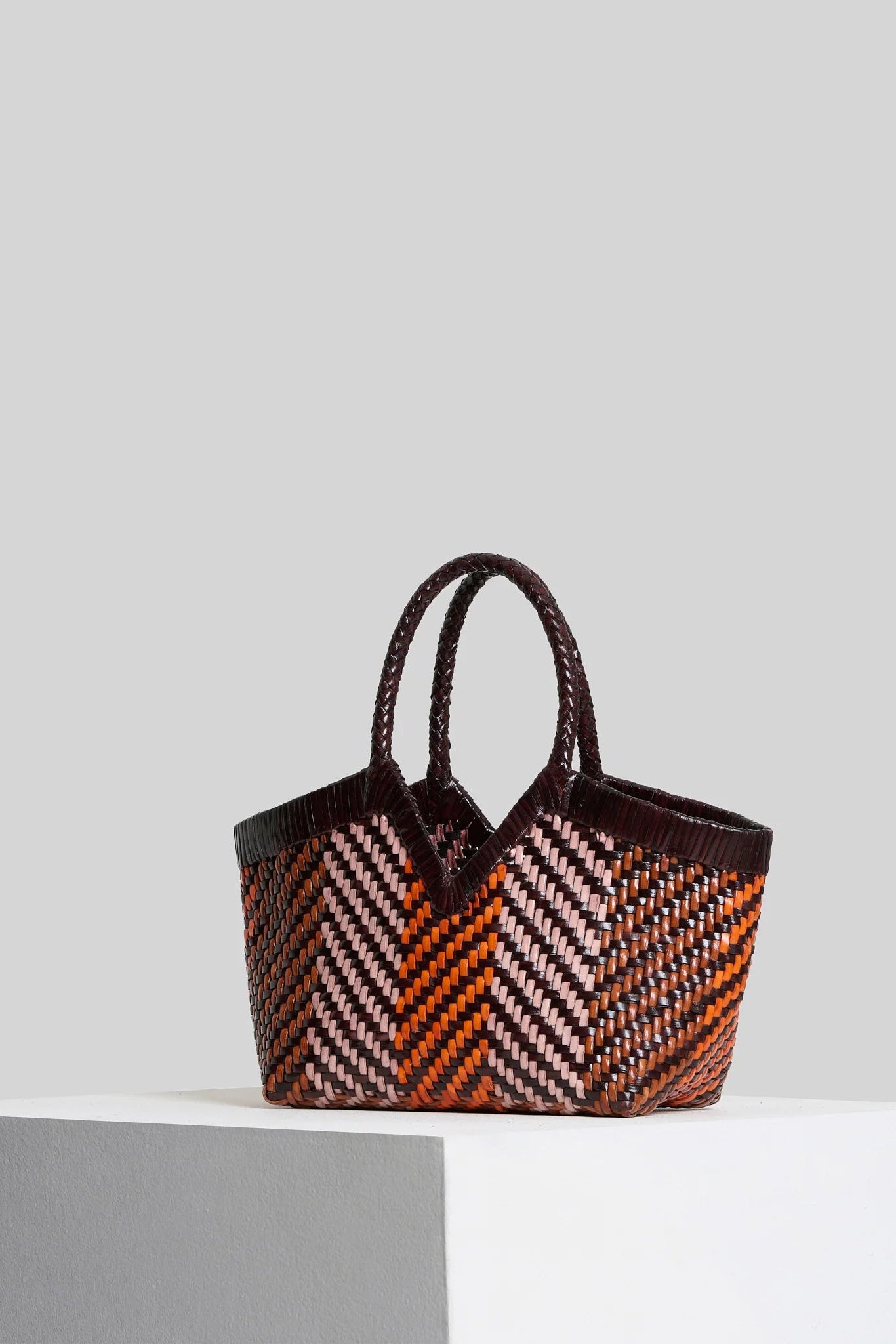 Vipera The Label Monet Waffle Chocolate handwoven leather tote bag angled front view