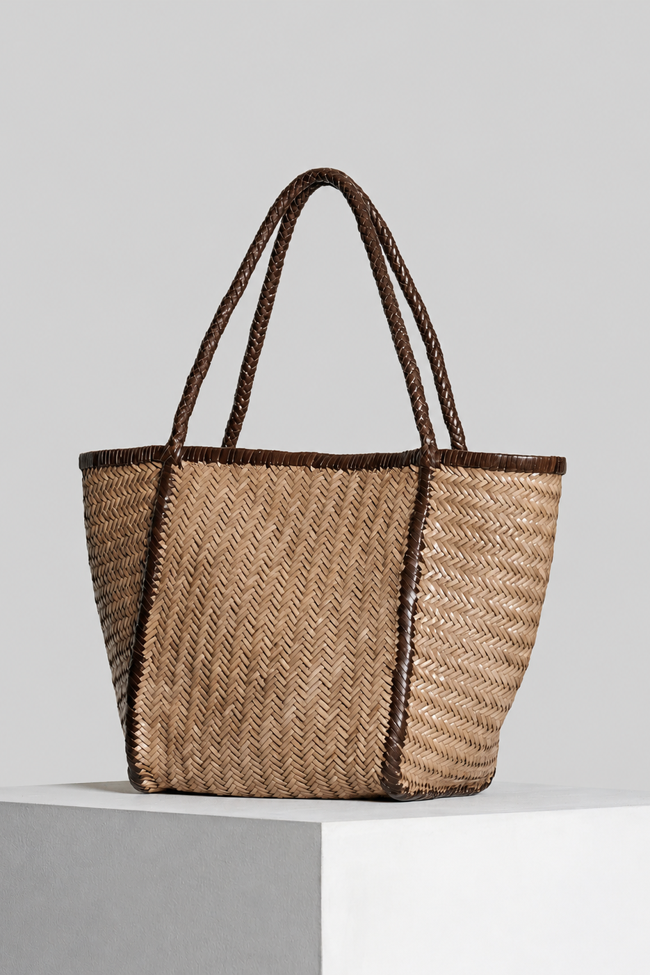 Vipera The Label Rubens Bicolor Taupe-Chocolate handwoven leather tote bag angled front view