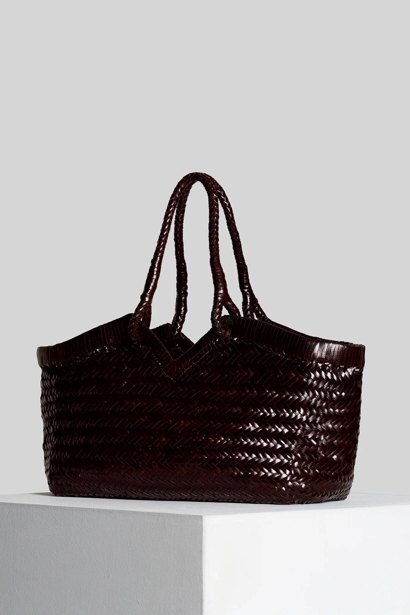 Vipera The Label Chocolate Crudelia handwoven leather tote bag angled front view