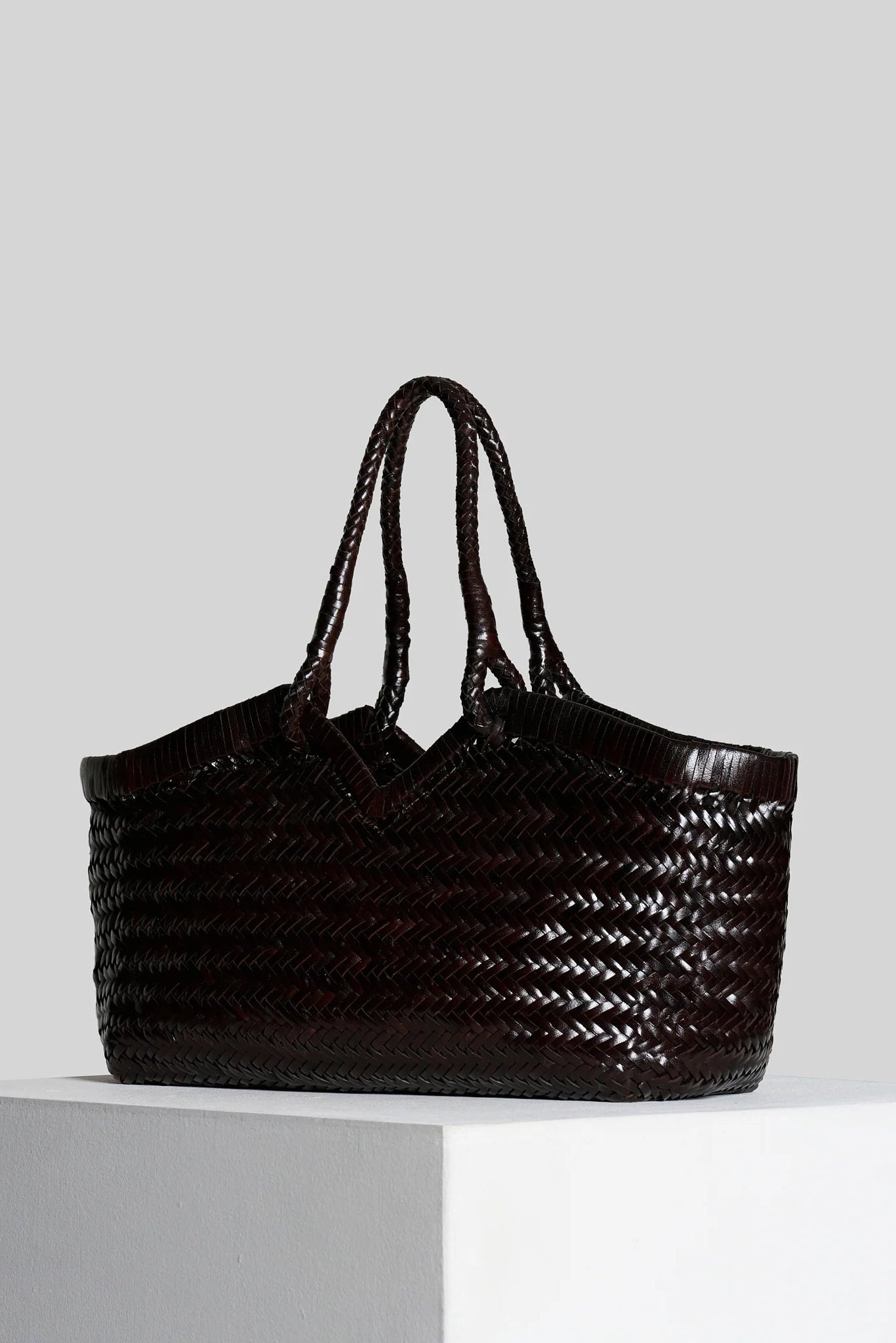 Vipera The Label Chocolate Crudelia handwoven leather tote bag angled front view