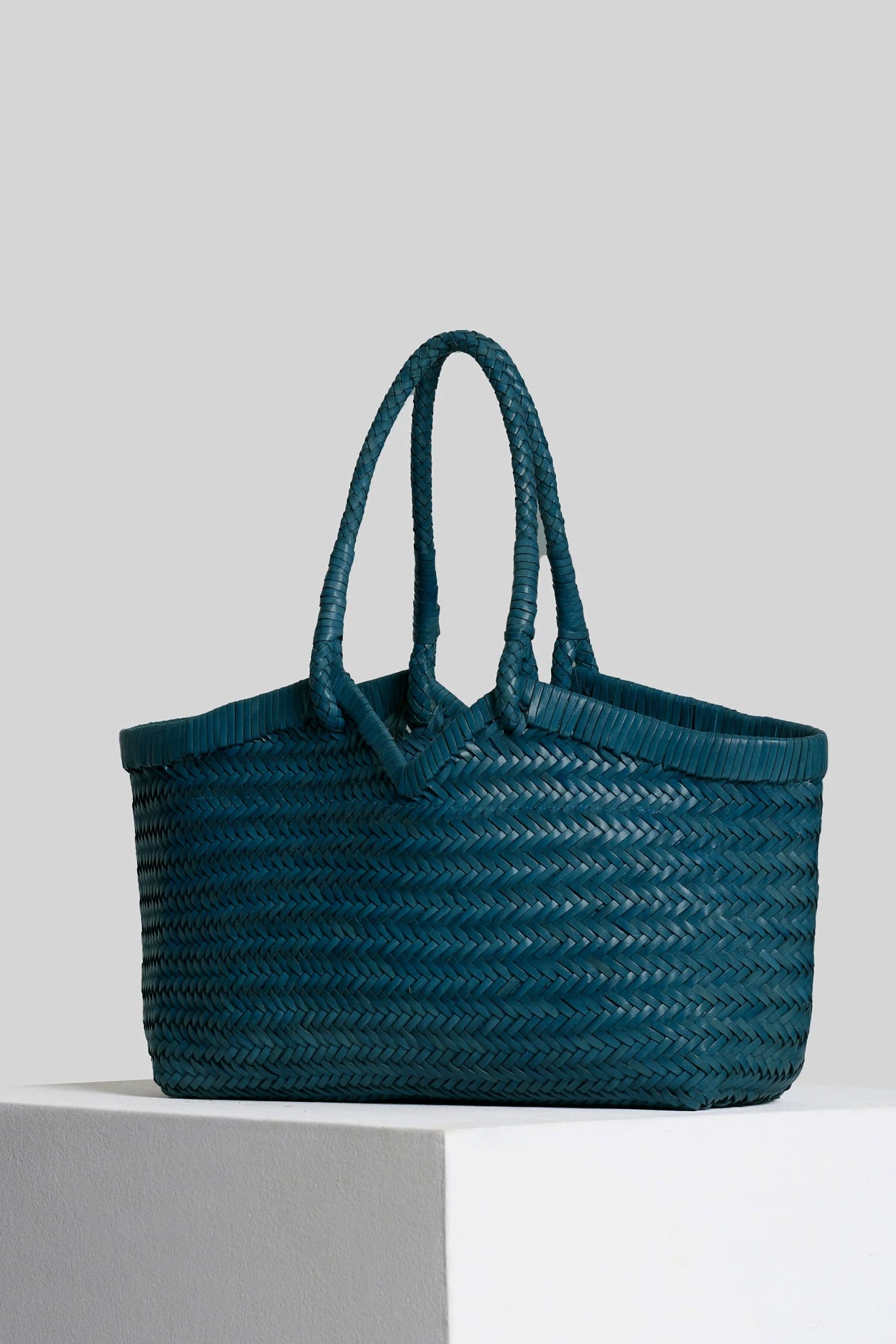 Vipera The Label Teal Blue Crudelia  handwoven leather tote bag front angled view